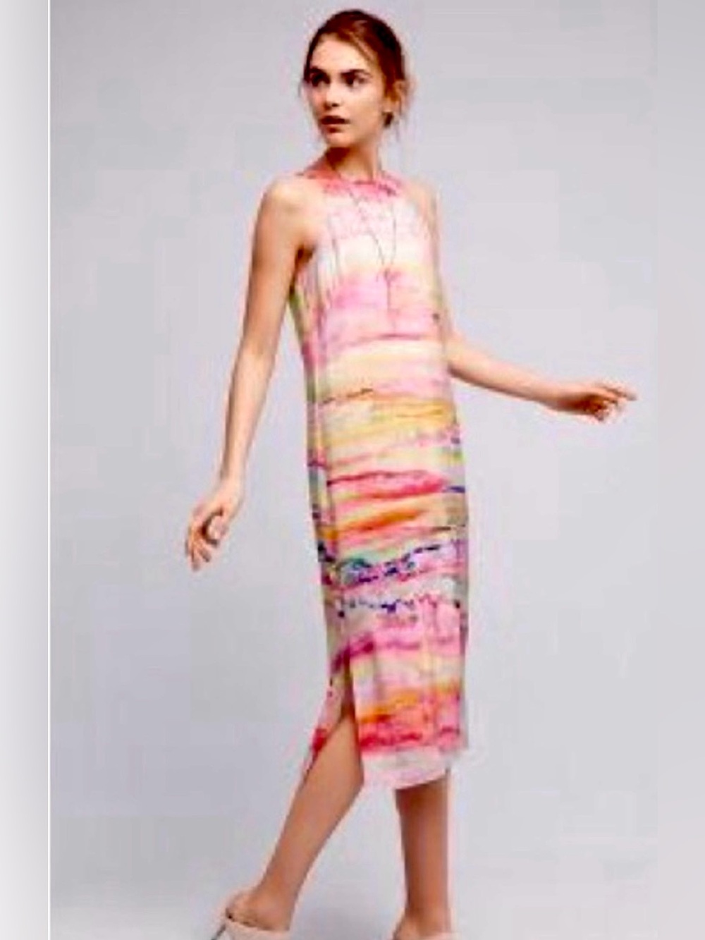Anthropologie HD in Paris silk Sleeveless Pink Watercolor Midi Dress